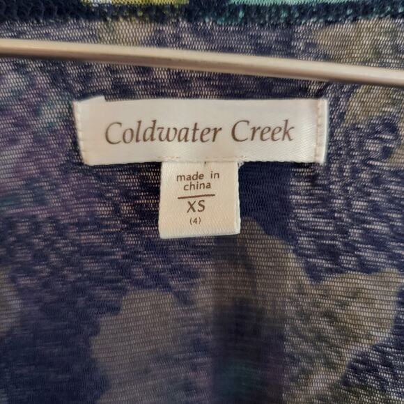 Coldwater Creek Top XS Navy Floral V-Neck Fairy Mesh Sheer Sleeve Pretty - Picture 2 of 7